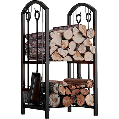 Firewood Rack Indoor Outdoor - 2-Tier Firewood Holder with Fireplace Tools Set