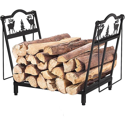 Foldable Firewood Rack, Metal, 38 x 32 x 40 cm, Elk Motif Firewood Rack, Firewood Stand