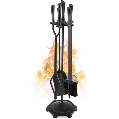 Fireplace Tools Set 4 Pcs 30 Inch Black Wrought Iron Large Fire Tool Set for Outdoor/Indoor Include Chimney Poker, Antique Shovel, Rustic Brush and Stand